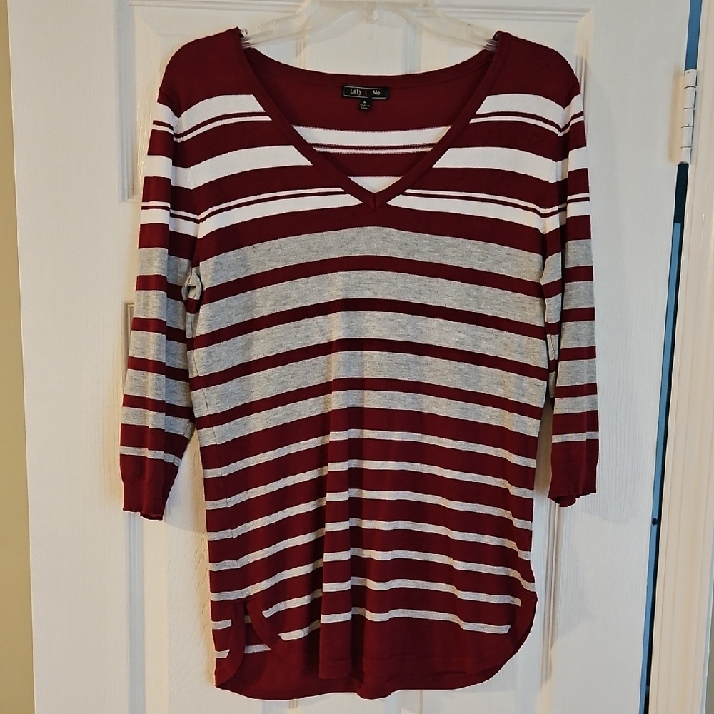 Red and White Striped V-Neck Top